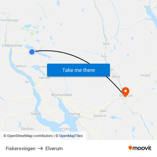 Fiskersvingen to Elverum map