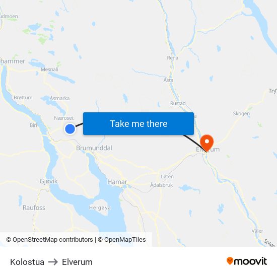 Kolostua to Elverum map