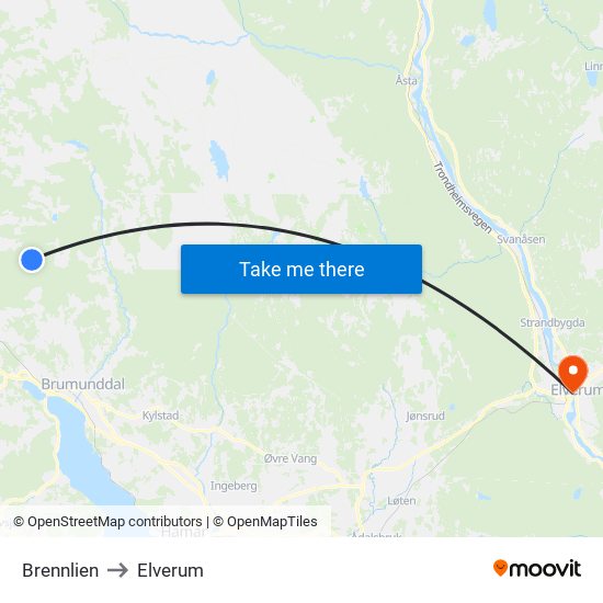 Brennlien to Elverum map