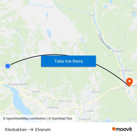 Klevbakken to Elverum map