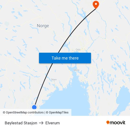 Bøylestad Stasjon to Elverum map