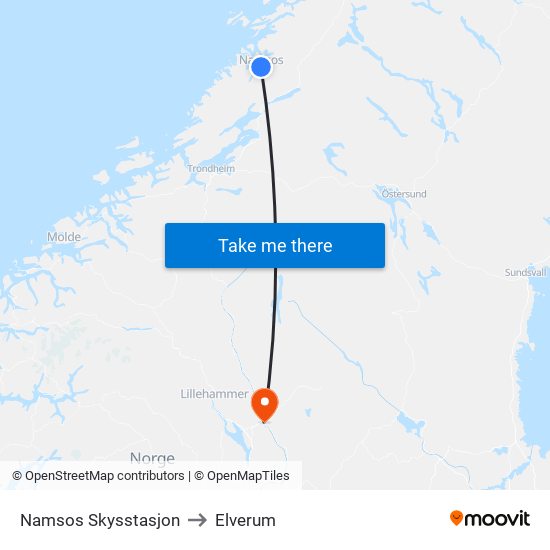 Namsos Skysstasjon to Elverum map