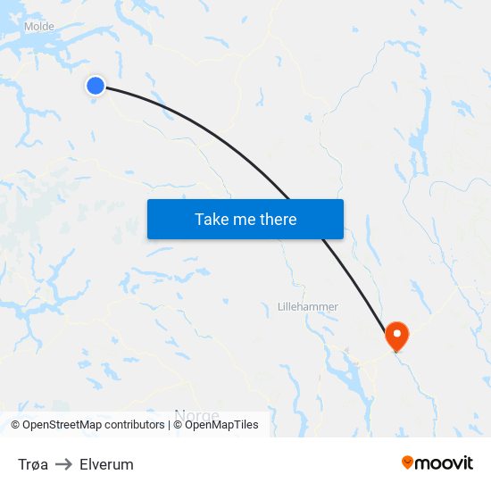 Trøa to Elverum map