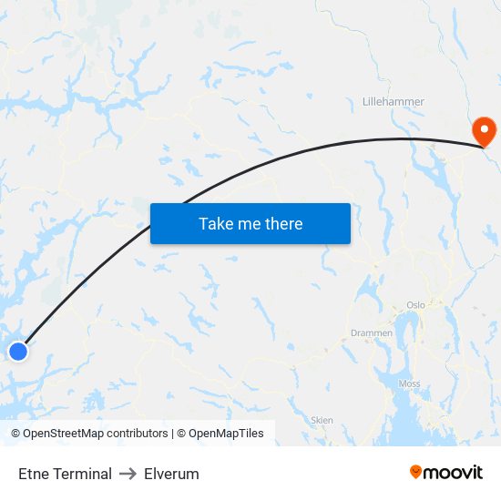 Etne Terminal to Elverum map