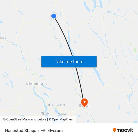 Hanestad Stasjon to Elverum map