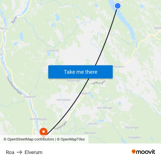 Roa to Elverum map