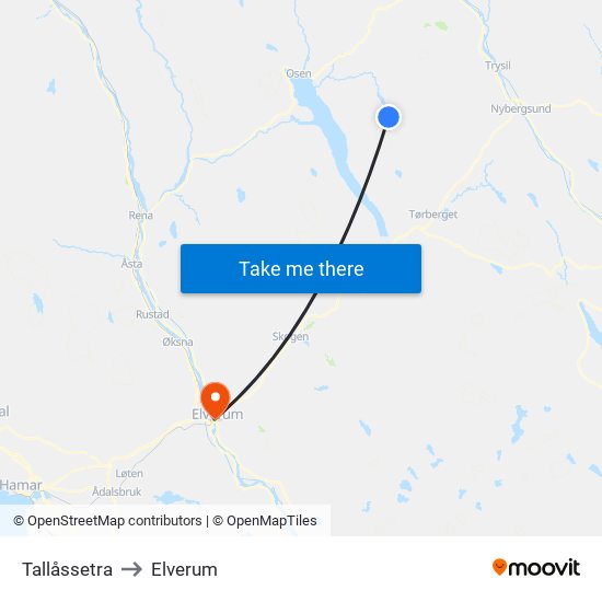 Tallåssetra to Elverum map