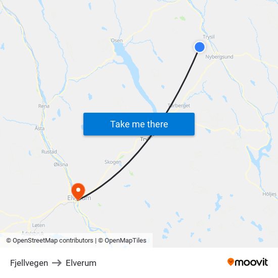 Fjellvegen to Elverum map