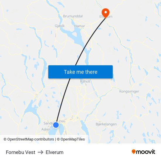 Fornebu Vest to Elverum map