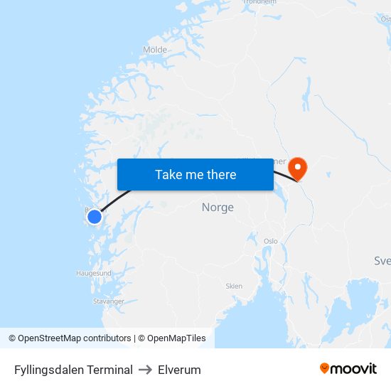 Fyllingsdalen Terminal to Elverum map