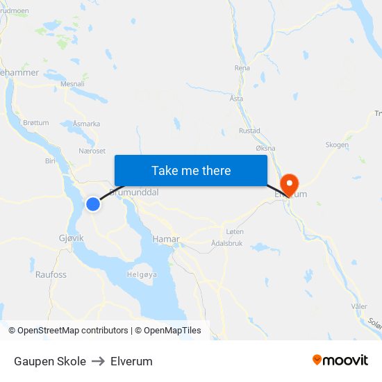 Gaupen Skole to Elverum map