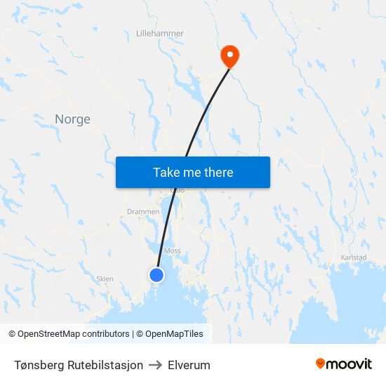 Tønsberg Rutebilstasjon to Elverum map