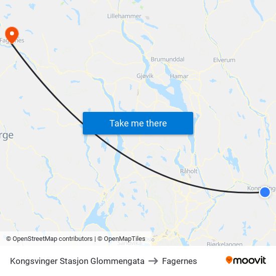Kongsvinger Stasjon Glommengata to Fagernes map