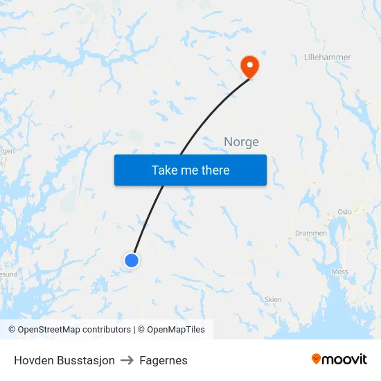 Hovden Busstasjon to Fagernes map