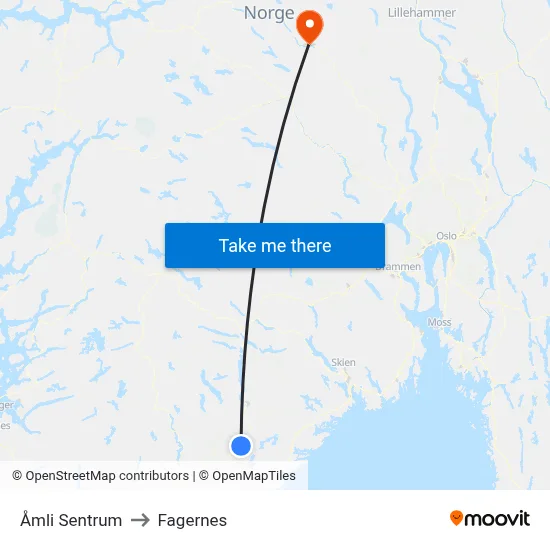 Åmli Sentrum to Fagernes map