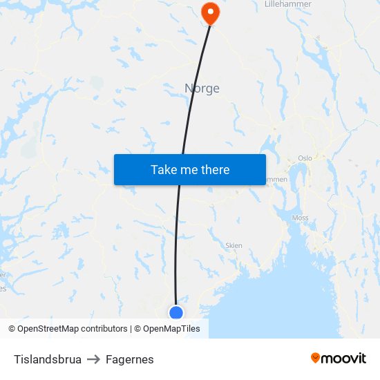 Tislandsbrua to Fagernes map