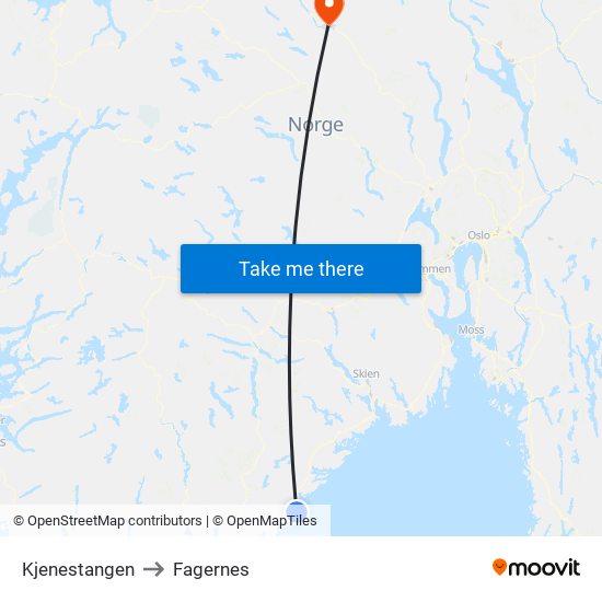 Kjenestangen to Fagernes map