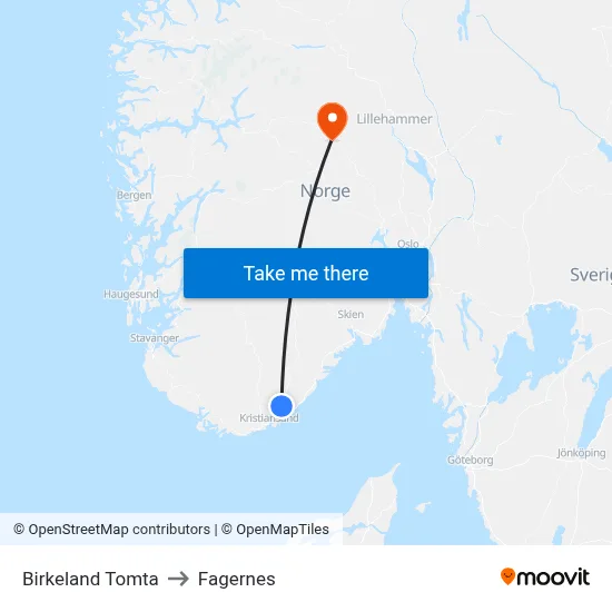 Birkeland Tomta to Fagernes map