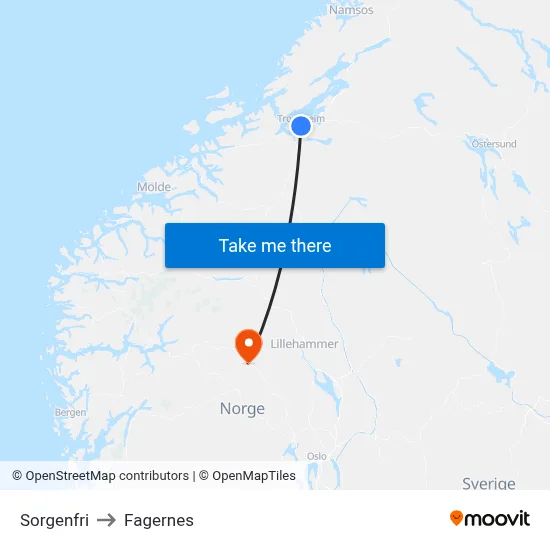 Sorgenfri to Fagernes map