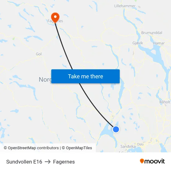 Sundvollen E16 to Fagernes map