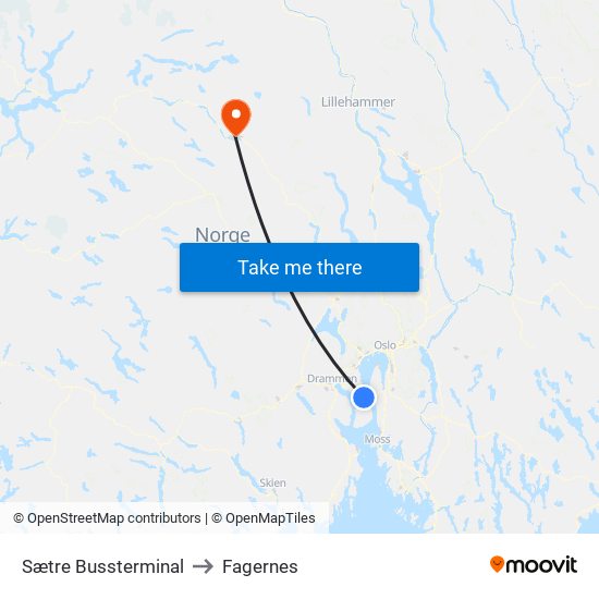 Sætre Bussterminal to Fagernes map