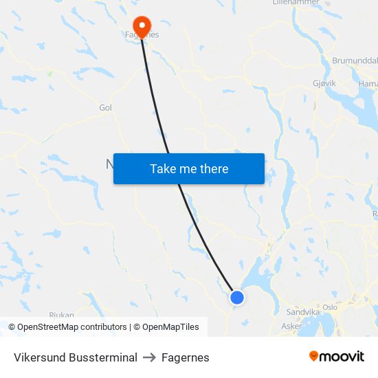 Vikersund Bussterminal to Fagernes map