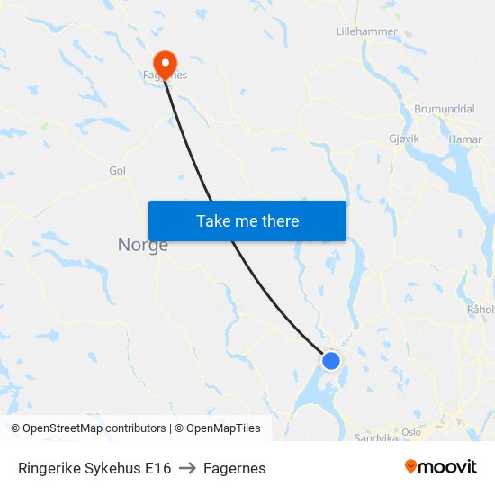 Ringerike Sykehus E16 to Fagernes map