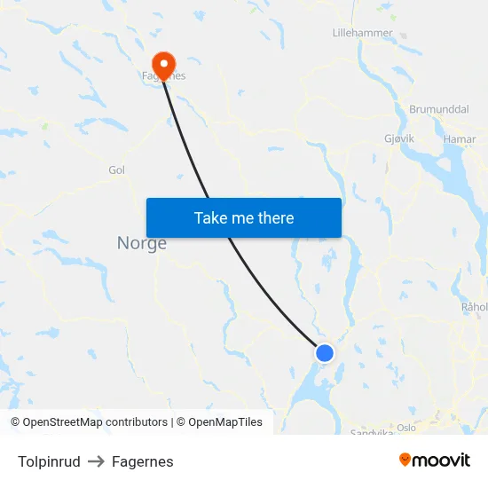 Tolpinrud to Fagernes map