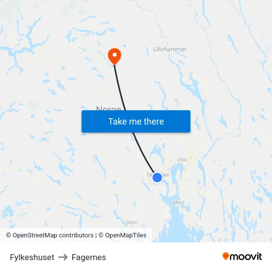 Fylkeshuset to Fagernes map