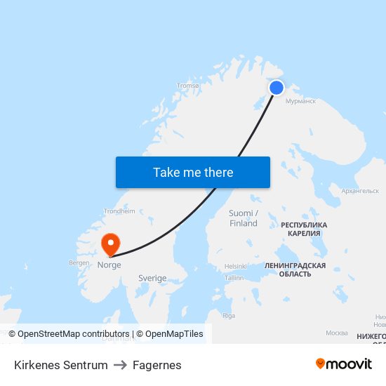 Kirkenes Sentrum to Fagernes map