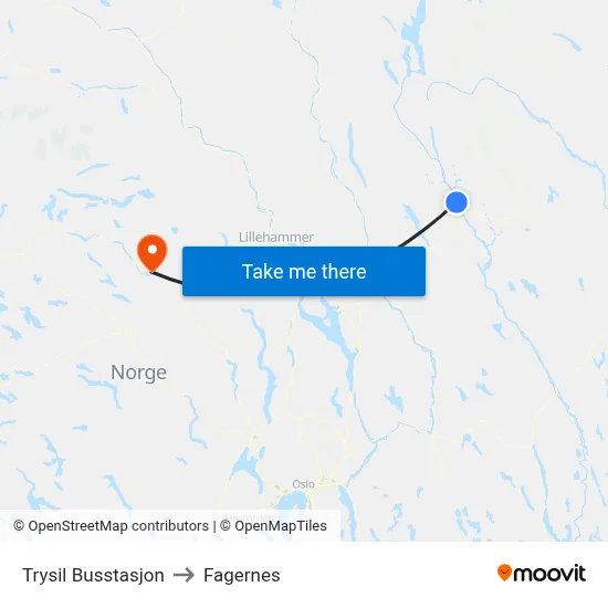 Trysil Busstasjon to Fagernes map