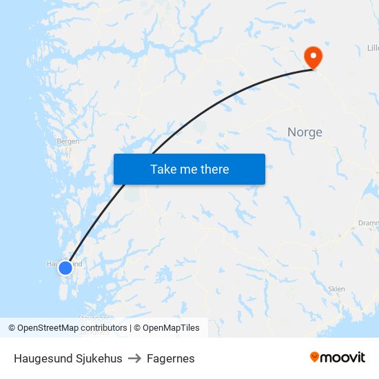 Haugesund Sjukehus to Fagernes map