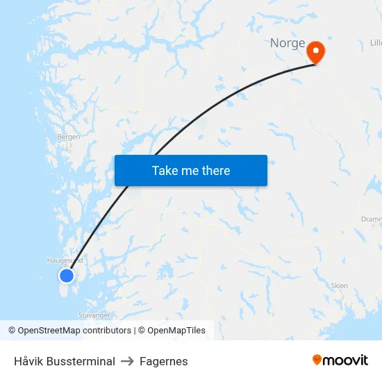 Håvik Bussterminal to Fagernes map