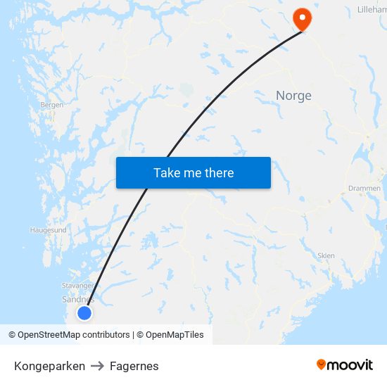 Kongeparken to Fagernes map