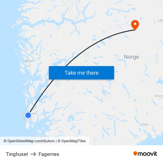 Tinghuset to Fagernes map