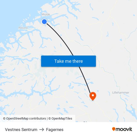 Vestnes Sentrum to Fagernes map