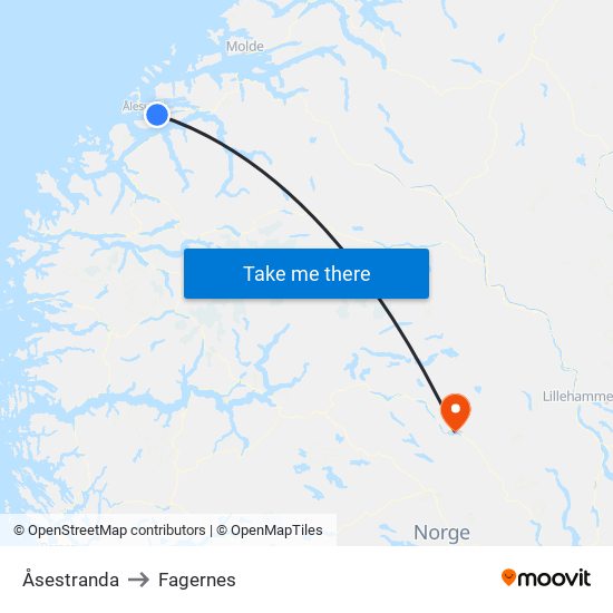 Åsestranda to Fagernes map