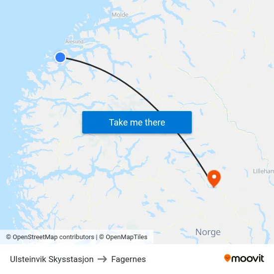 Ulsteinvik Skysstasjon to Fagernes map