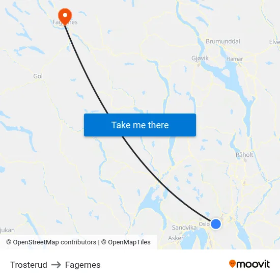 Trosterud to Fagernes map