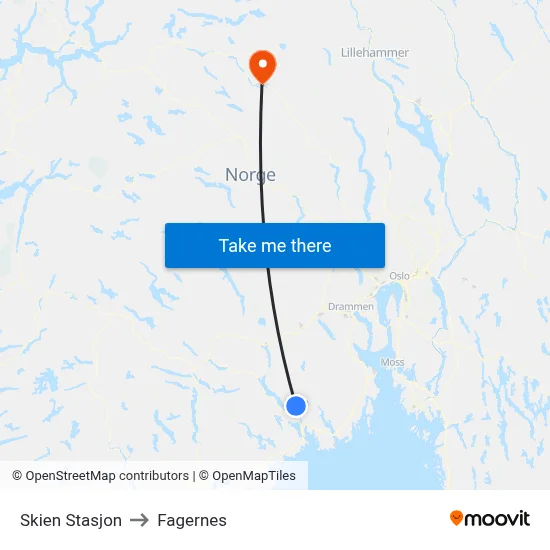 Skien Stasjon to Fagernes map