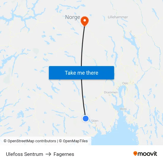 Ulefoss Sentrum to Fagernes map