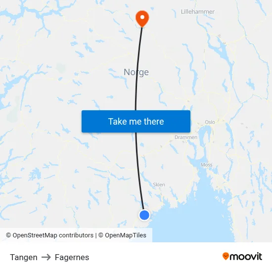Tangen to Fagernes map