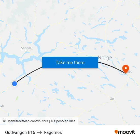 Gudvangen E16 to Fagernes map