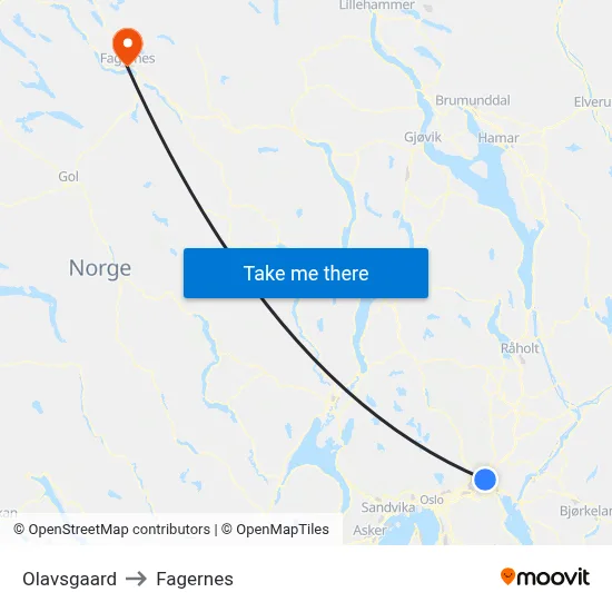 Olavsgaard to Fagernes map