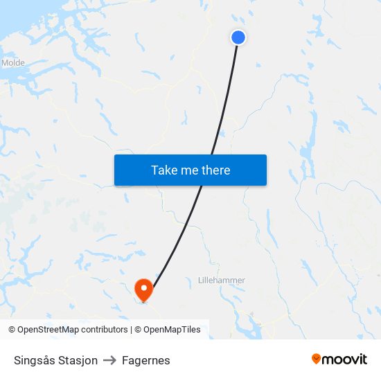 Singsås Stasjon to Fagernes map