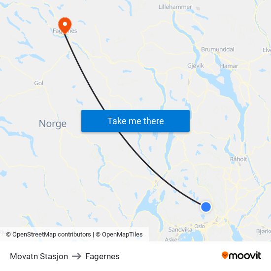 Movatn Stasjon to Fagernes map