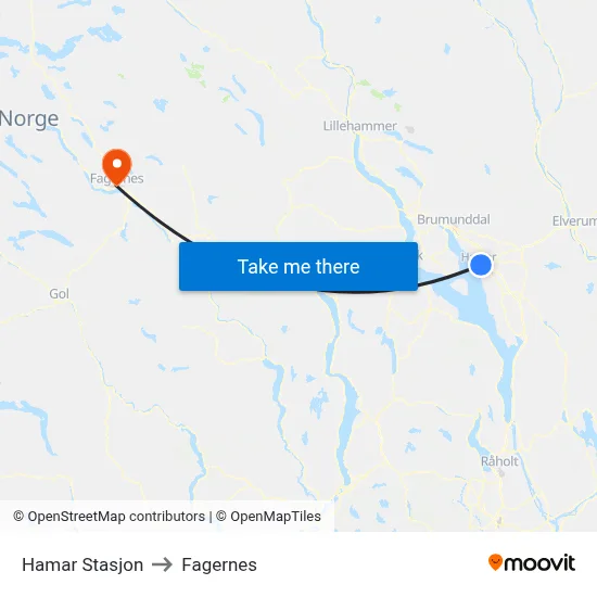 Hamar Stasjon to Fagernes map
