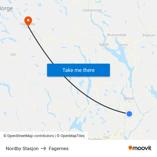 Nordby Stasjon to Fagernes map