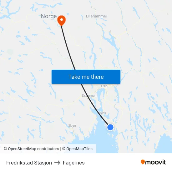 Fredrikstad Stasjon to Fagernes map