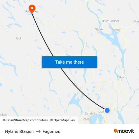 Nyland Stasjon to Fagernes map